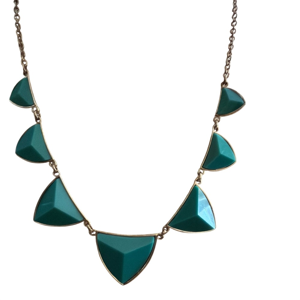 Teal/ Green Geometric Triangle Bib Statement Necklace Gold Tone Resin Stone